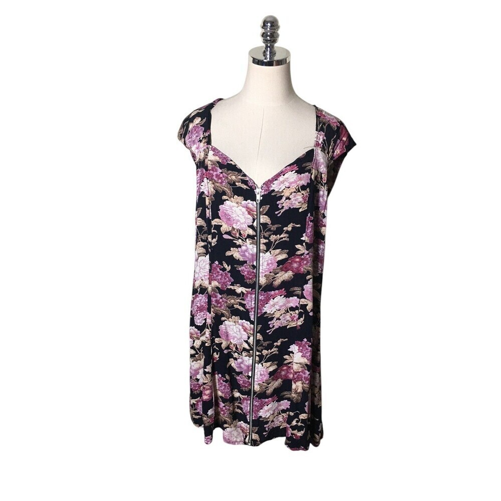 Asos Mini Dress Women's Size 14 Black Purple Floral Sleeveless Zip Open Back